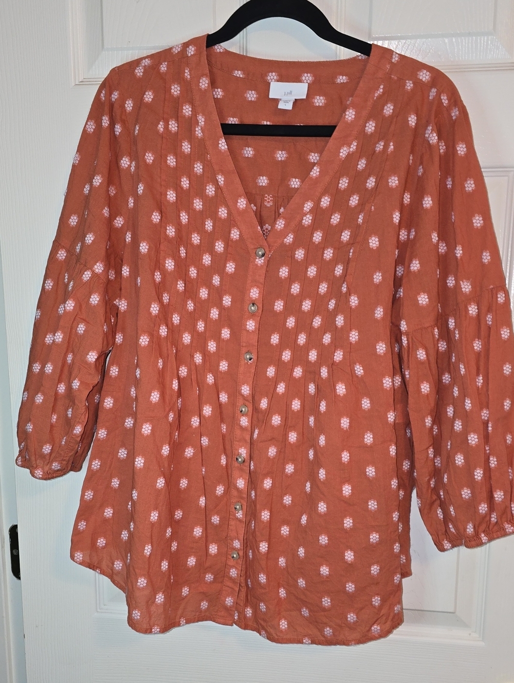 J. Jill Rust Button-Front Blouse with White Floral Dot Print